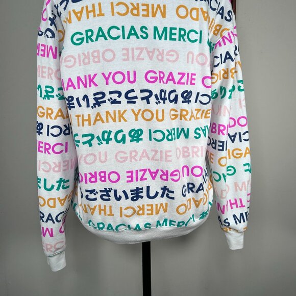 Wound Up Sweatshirt Top Women's Small Multicolor Multilingual Thank You Graphic - Picture 5 of 13